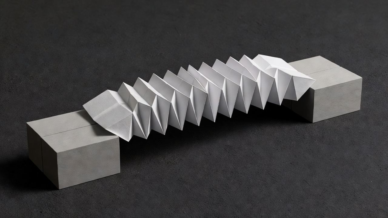 Soft-lit three-dimensional render of a folded white paper bridge between two block supports on charcoal