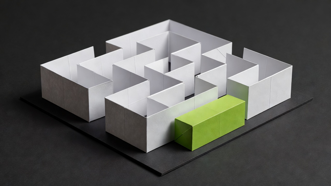 Soft-lit render of a compact maze with upright white paper walls and a lime paper counter on a charcoal base