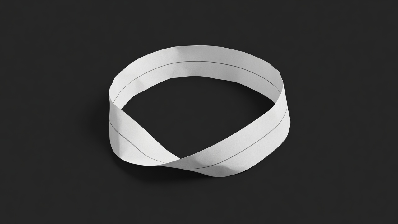 Soft-lit render of a white paper loop with a single half twist and a pencil centre line on a charcoal background