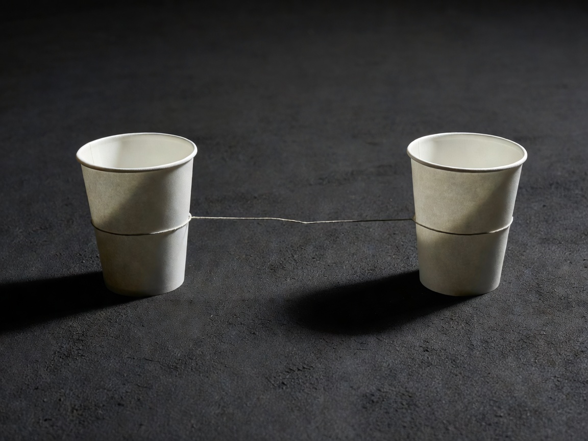 After view of the same paper cups joined base to base by a taut string on charcoal