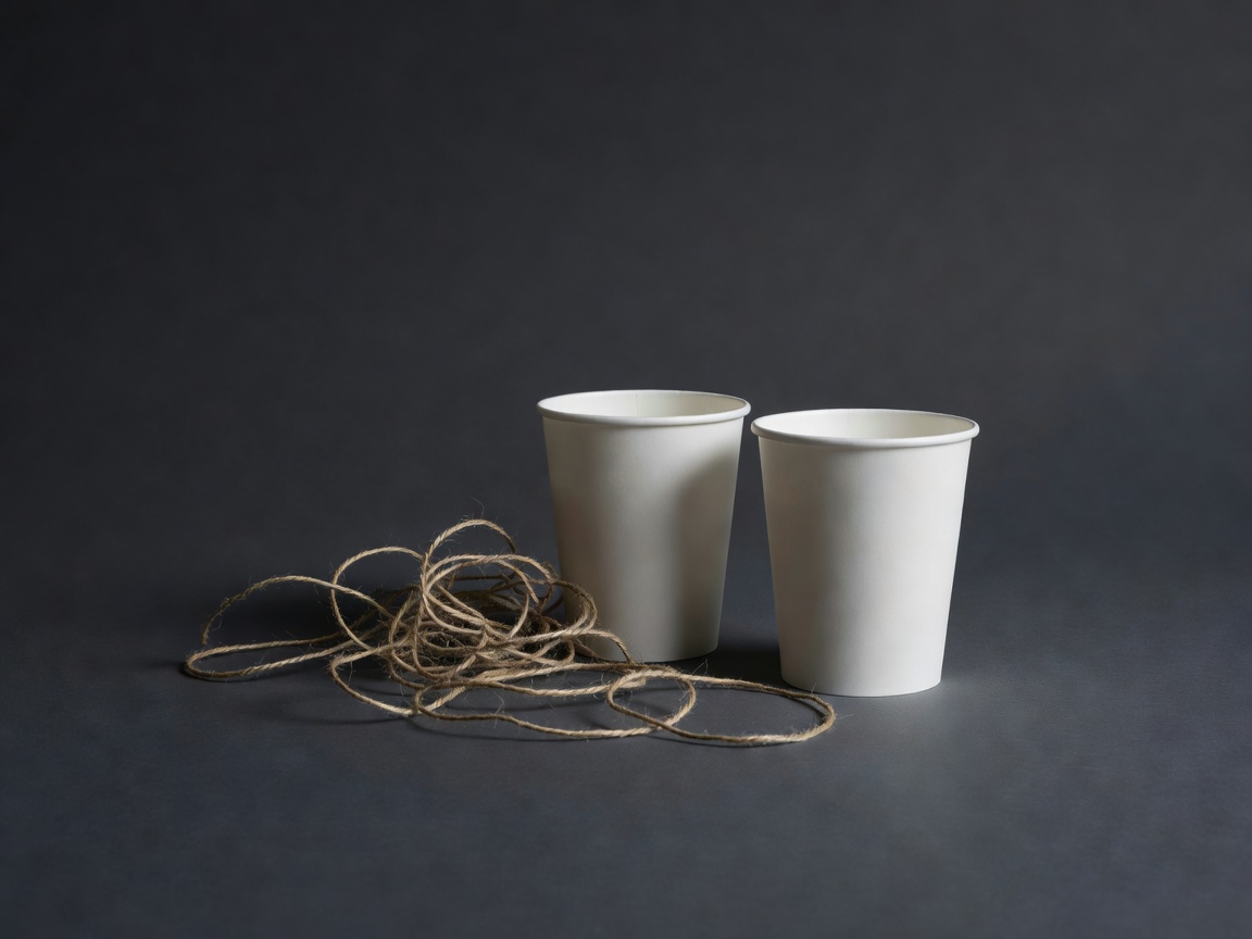 Before view of two plain paper cups and loose string on a softly lit charcoal background